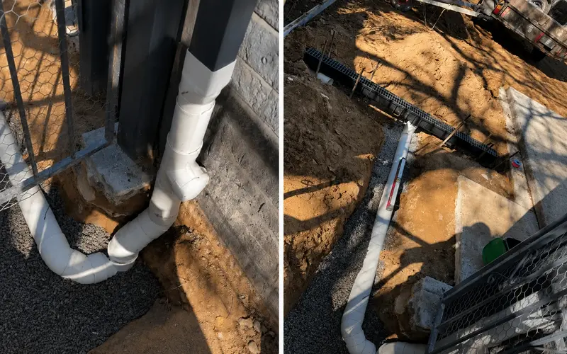 Stormwater drainage pipework and strip drain during installation