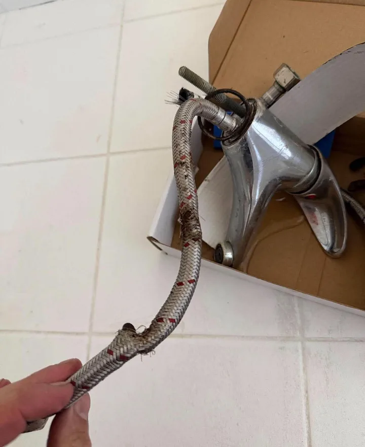 Damaged basin tap flexi hose removed during an emergency plumbing repair in Bungendore